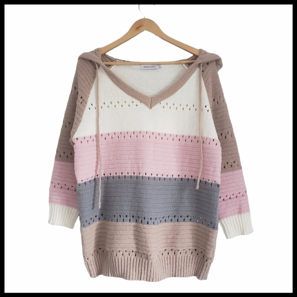 MISSLOOK Sweaters - Misslook Hooded Vneck Knitted Wool Eyelet Colourblock Sweater